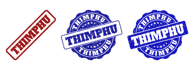 THIMPHU grunge stamp seals in red and blue colors. Vector THIMPHU labels with grunge surface. Graphic elements are rounded rectangles, rosettes, circles and text captions.