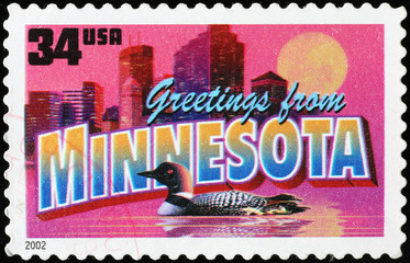 Greetings from Minnesota postcard on stamp
