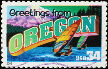 Greetings from Oregon postcard on stamp