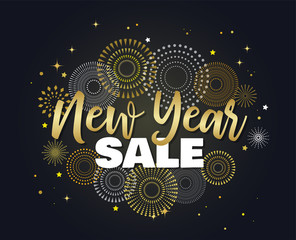 Sale banner background for New Year shopping sale. Happy New year sale lettering on sky full of gold fireworks. Design with for web online store or shop promo offer
