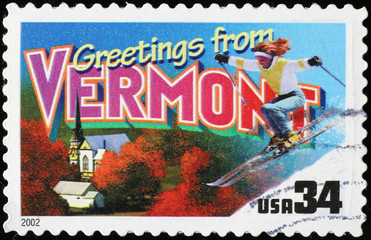 Greetings from Vermont postcard on postage stamp