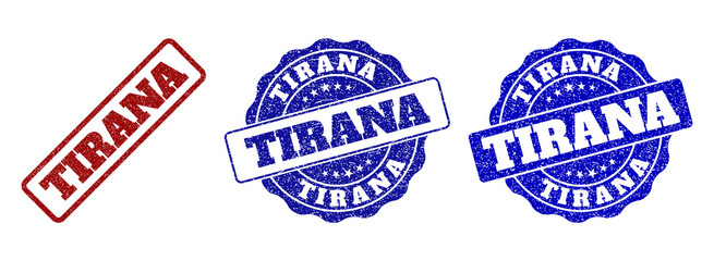 TIRANA scratched stamp seals in red and blue colors. Vector TIRANA labels with grainy texture. Graphic elements are rounded rectangles, rosettes, circles and text labels.