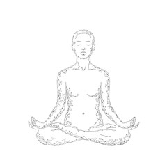 Yoga practice woman in lotus position low poly silhouette. Polygonal yoga relaxation exercise wellness class. White gray monochrome color. Buddhism esoteric Kundalini energy vector illustration