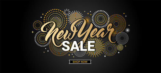 Happy New Year sale banner. vector illustration with Fireworks black Background. Vector Holiday Design for Premium Greeting Card, Party Invitation, web online store or shop promo offer
