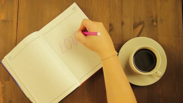The girl writes in the diary slvo love pink marker