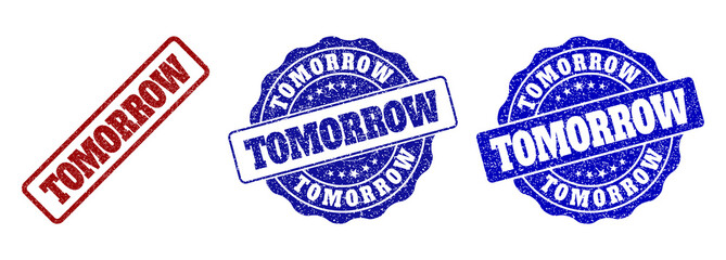 TOMORROW grunge stamp seals in red and blue colors. Vector TOMORROW imprints with grunge effect. Graphic elements are rounded rectangles, rosettes, circles and text captions.