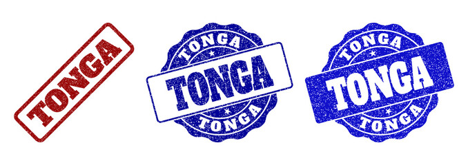 TONGA scratched stamp seals in red and blue colors. Vector TONGA labels with grainy effect. Graphic elements are rounded rectangles, rosettes, circles and text labels.