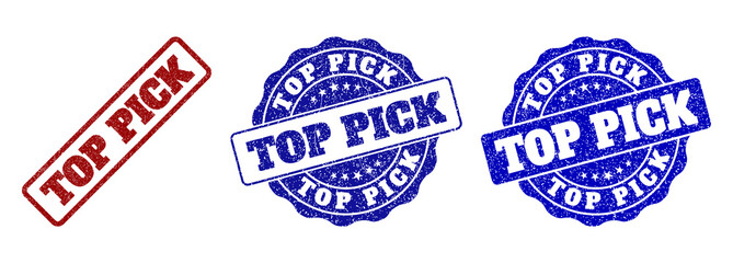 TOP PICK grunge stamp seals in red and blue colors. Vector TOP PICK labels with grunge texture. Graphic elements are rounded rectangles, rosettes, circles and text captions.