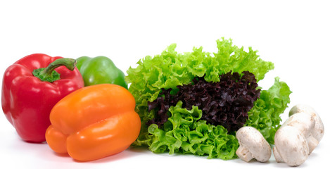 Lettuce, bell pepper and mushrooms on a white background