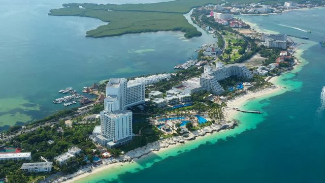 Aerial view of cityscape of Cancun, famous resort city by Caribbean Sea - landscape panorama of Yucatan Peninsula from above, Mexico, Central America, 4k UHD