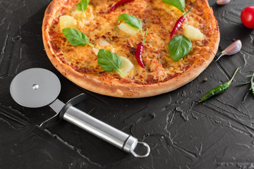 Pizza, food, vegetable, margarita.  Vegetables, mushrooms and tomatoes pizza on a black wooden background. It can be used as a background