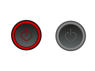 Button on and off. Heart-shaped switch illuminated in red. Graphics for the website, for the application. The button in the switched version is highlighted in red and gray in the disabled version.