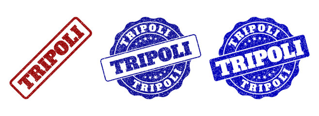 TRIPOLI scratched stamp seals in red and blue colors. Vector TRIPOLI labels with draft texture. Graphic elements are rounded rectangles, rosettes, circles and text labels.