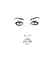 mimic face, languid look, sketch of lips, nose and eyes, big eyes with eyelashes, large and thin eyebrows, pupils