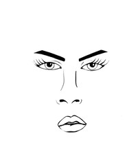 mimic face, languid look, sketch of lips, nose and eyes, big eyes with eyelashes, large and thin eyebrows, pupils