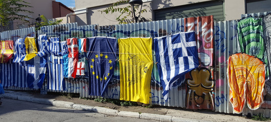 Many flags for sale on the Monastiraki flea market in Athens, Greece
