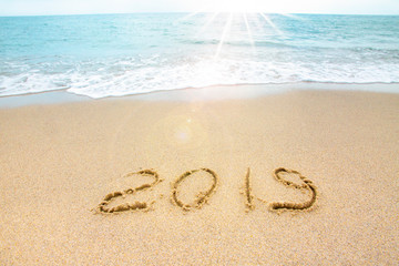 New Year 2019 on the sandy shore against the backdrop of sea waves.