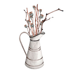 Bouquet of wooden twigs and poppy boxes in white iron jug