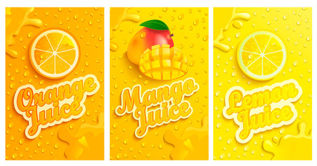 Set of fresh and cold lemon,mango,orange juices with drops from condensation on background, splashing and fruit slices for brand,logo and template,label,emblems,stores,packaging,advertising.Vector - obrazy, fototapety, plakaty