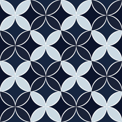 Seamless geometric pattern with abstract floral elements based on Arabic ornaments. Geometric checkered background in blue and white colors