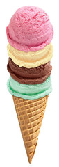 chocolate, mango and mint ice cream scoops with cone isolated on white background