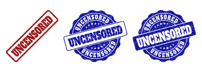 UNCENSORED grunge stamp seals in red and blue colors. Vector UNCENSORED labels with grunge surface. Graphic elements are rounded rectangles, rosettes, circles and text tags.