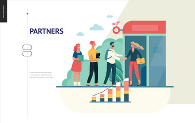 Business series, color 1 - partners -modern flat vector illustration concept of people shaking their hands in the office entrance. Business workflow management. Creative landing page design template