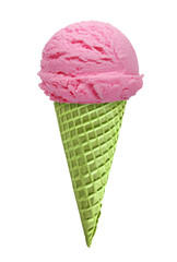 Strawberry Ice cream scoop with cone isolated on white background
