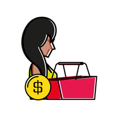 young woman with basket shopping and coin