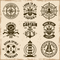 Maritime set of vector emblems on dirty background