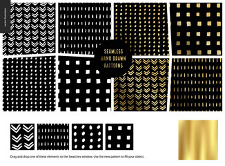 Hand drawn Patterns - a group set of eight abstract seamless patterns - black, gold and white. Geometrical lines, dots and squares. - black