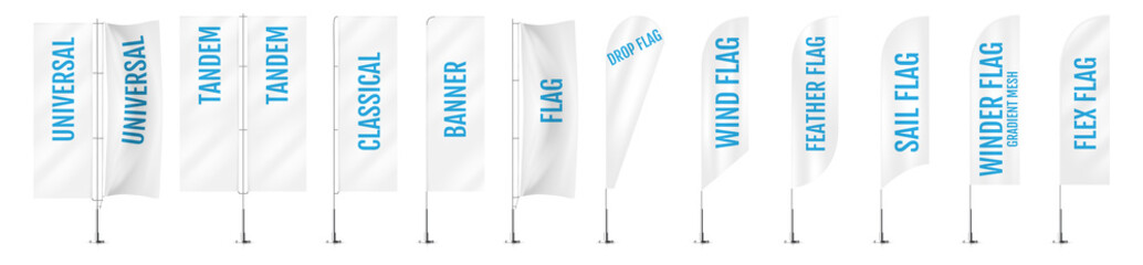 White textile banner flags. Banner flag mockups set. Set of vector advertising mockups.