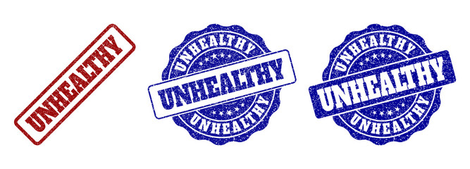 UNHEALTHY scratched stamp seals in red and blue colors. Vector UNHEALTHY labels with grainy surface. Graphic elements are rounded rectangles, rosettes, circles and text labels.