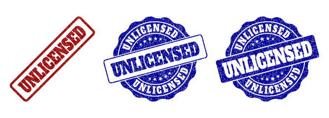 UNLICENSED scratched stamp seals in red and blue colors. Vector UNLICENSED labels with dirty style. Graphic elements are rounded rectangles, rosettes, circles and text labels.