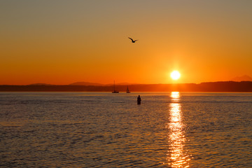A lone fisherman fishing during a sunset at Golden Gardens Park, Seattle Washington 