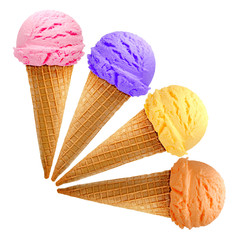 mango, mango, strawberry and pistachio mixed ice cream scoops with cone isolated on white background
