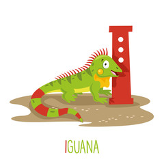 Vector Illustration Of Alphabet Letter I And Iguana