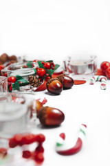Christmas composition. Gifts, red decorations on white background. Christmas, winter, new year concept. Flat lay, top view with copy space