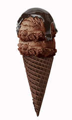 chocolate Ice cream scoop with sauce or sherbet on cone isolated on white background