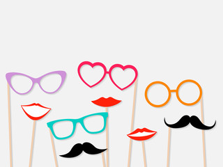Photo booth props female lips, moustache and glasses - obrazy, fototapety, plakaty