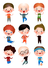 Funny funny kids with different hairstyles and hair color. Children spend their free time having fun and playing.