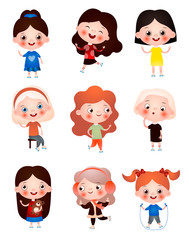 Funny funny kids with different hairstyles and hair color. Children spend their free time having fun and playing.