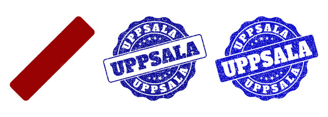 UPPSALA grunge stamp seals in red and blue colors. Vector UPPSALA labels with grunge style. Graphic elements are rounded rectangles, rosettes, circles and text labels.