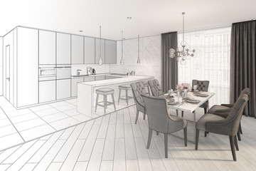 3d illustration. Sketch of modern dining room turns into a real interior