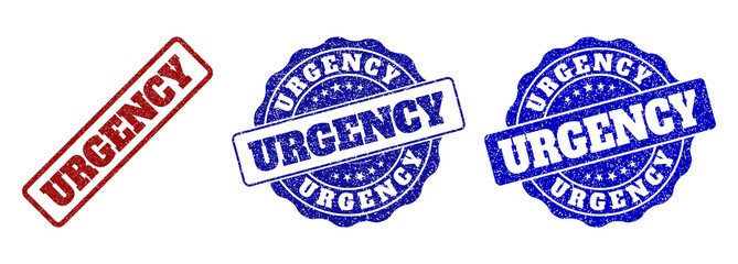 URGENCY grunge stamp seals in red and blue colors. Vector URGENCY labels with grunge texture. Graphic elements are rounded rectangles, rosettes, circles and text labels.