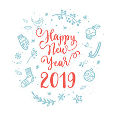 Happy New Year wishes for label emblem, logo, text, greeting card. Vector winter holidays backgrounds with hand lettering calligraphy