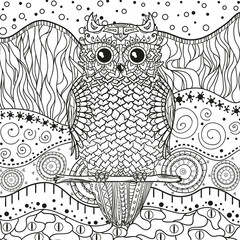 Abstract eastern pattern with owl on isolated white. Zentangle. Hand drawn abstract patterns on isolation background. Design for spiritual relaxation for adults. Black and white illustration