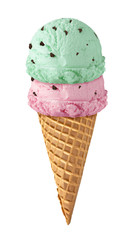 mint, strawberry and vanilla ice cream scoops with cone isolated on white background