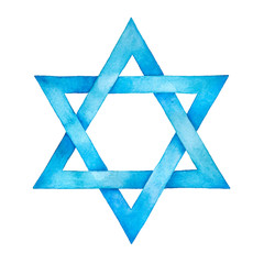 Star of David watercolor illustration. Six pointed geometric figure and light blue artistic gradient. Handdrawn water color graphic painting on white backdrop, cut out element for design and decor. - 237451326