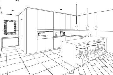 3d illustration. Sketch of modern dining room